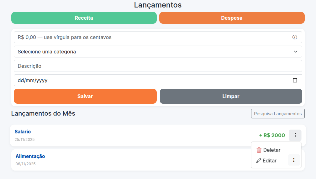 Menu de contexto com opções de edição