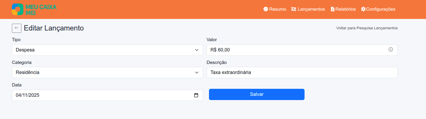 Tela de edição de lançamento com campo de categoria