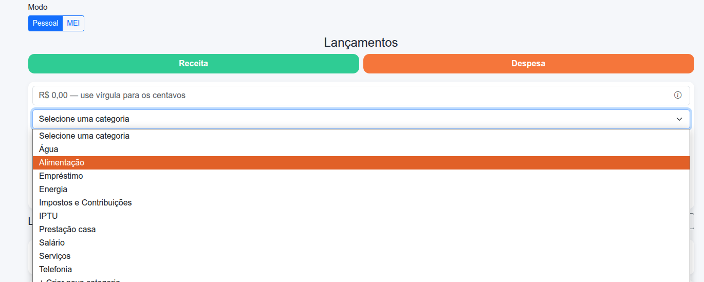 Tela de lançamentos mostrando o campo de categoria