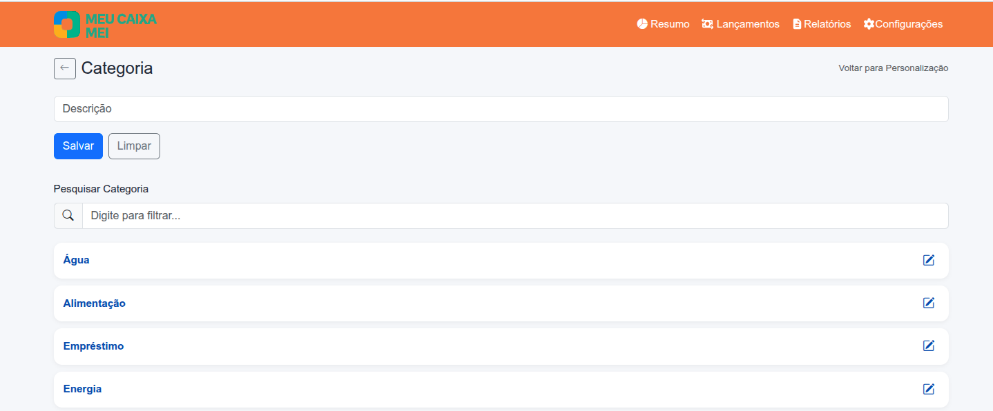 Lista de categorias com campo de pesquisa