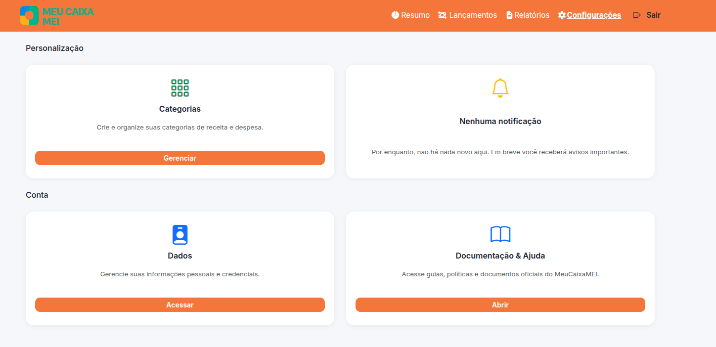 Tela de personalização com o cartão de Categorias