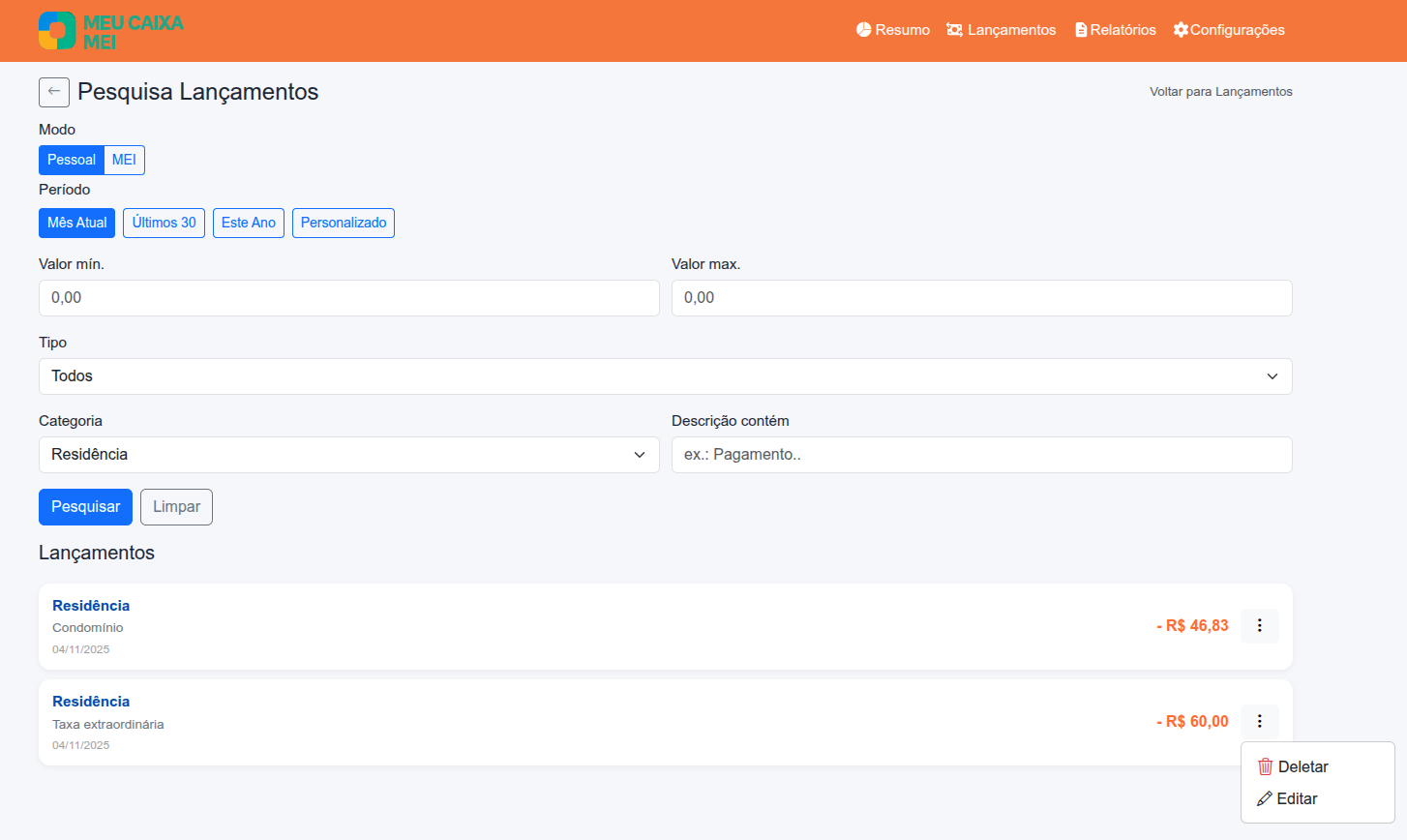 Tela de pesquisa de lançamentos por filtros