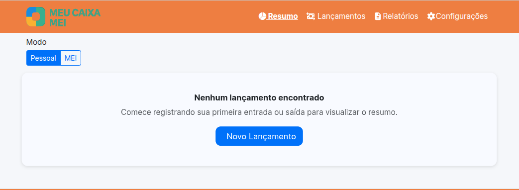 Tela inicial sem lançamentos